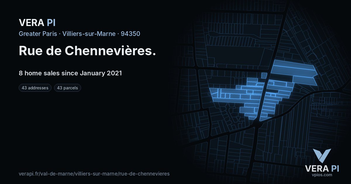Rue de Chennevières, Villiers-sur-Marne at night – every parcel coloured by the prices around it, the street's own parcels lit
