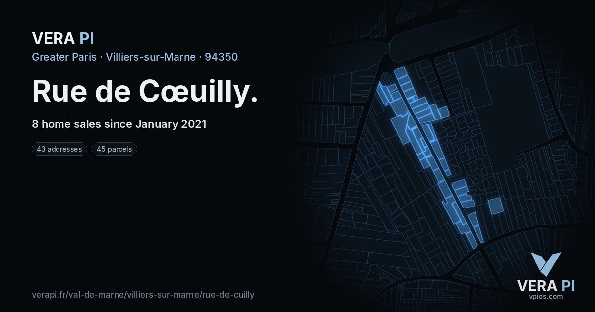 Rue de Cœuilly, Villiers-sur-Marne at night – every parcel coloured by the prices around it, the street's own parcels lit