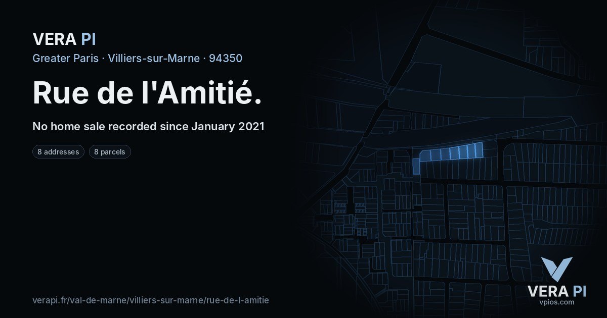 Rue de l'Amitié, Villiers-sur-Marne at night – every parcel coloured by the prices around it, the street's own parcels lit