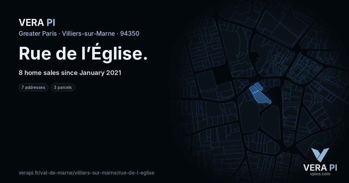 Rue de l’Église, Villiers-sur-Marne at night – every parcel coloured by the prices around it, the street's own parcels lit