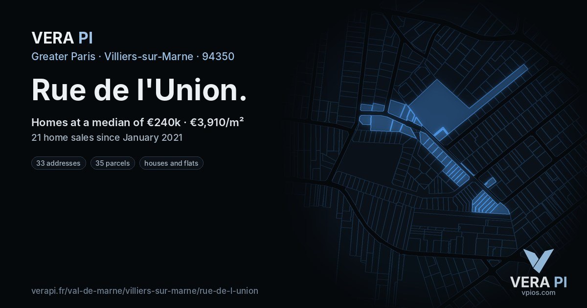 Rue de l'Union, Villiers-sur-Marne at night – every parcel coloured by the prices around it, the street's own parcels lit