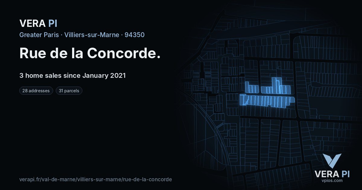 Rue de la Concorde, Villiers-sur-Marne at night – every parcel coloured by the prices around it, the street's own parcels lit