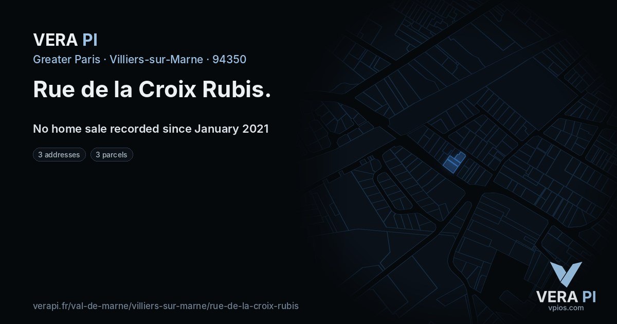Rue de la Croix Rubis, Villiers-sur-Marne at night – every parcel coloured by the prices around it, the street's own parcels lit