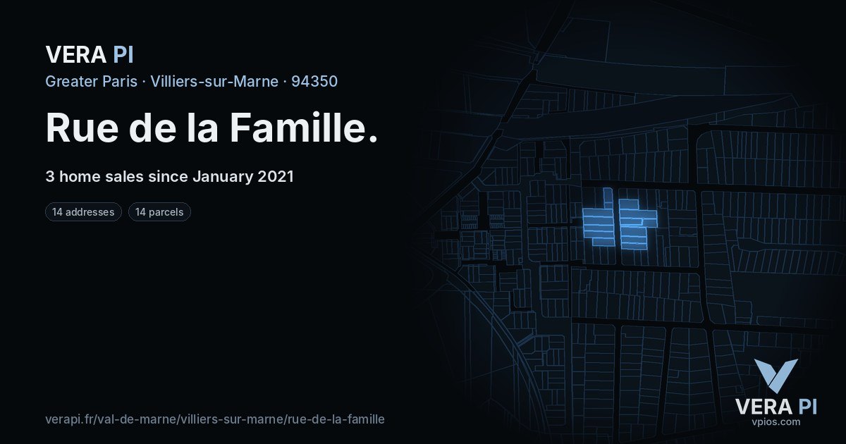 Rue de la Famille, Villiers-sur-Marne at night – every parcel coloured by the prices around it, the street's own parcels lit