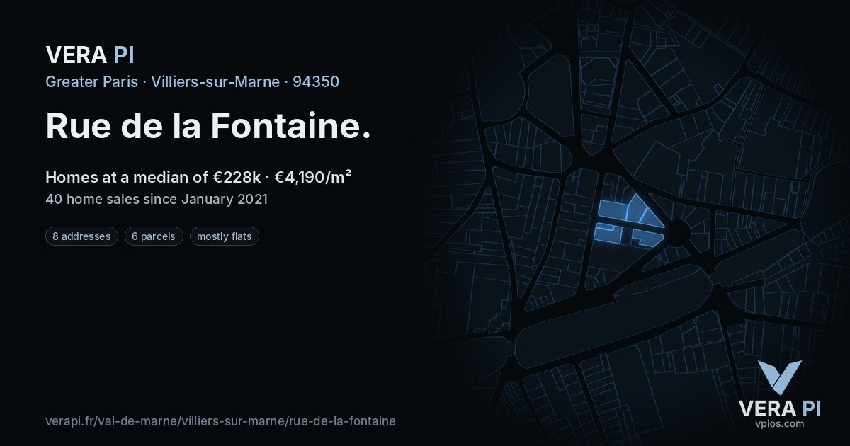 Rue de la Fontaine, Villiers-sur-Marne at night – every parcel coloured by the prices around it, the street's own parcels lit