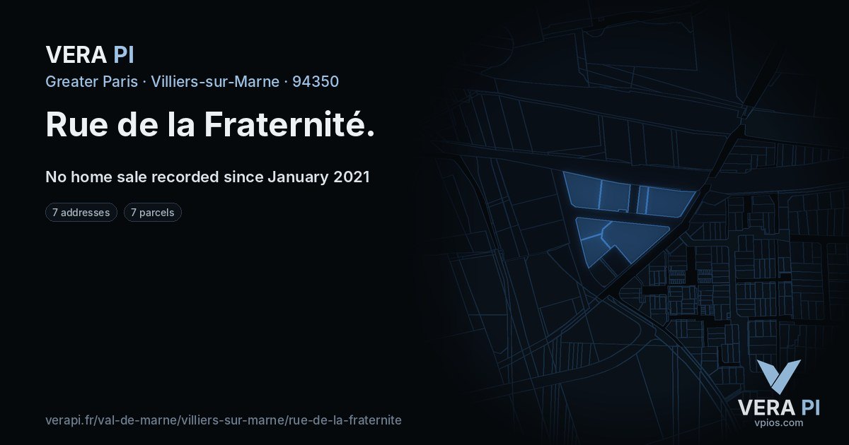 Rue de la Fraternité, Villiers-sur-Marne at night – every parcel coloured by the prices around it, the street's own parcels lit