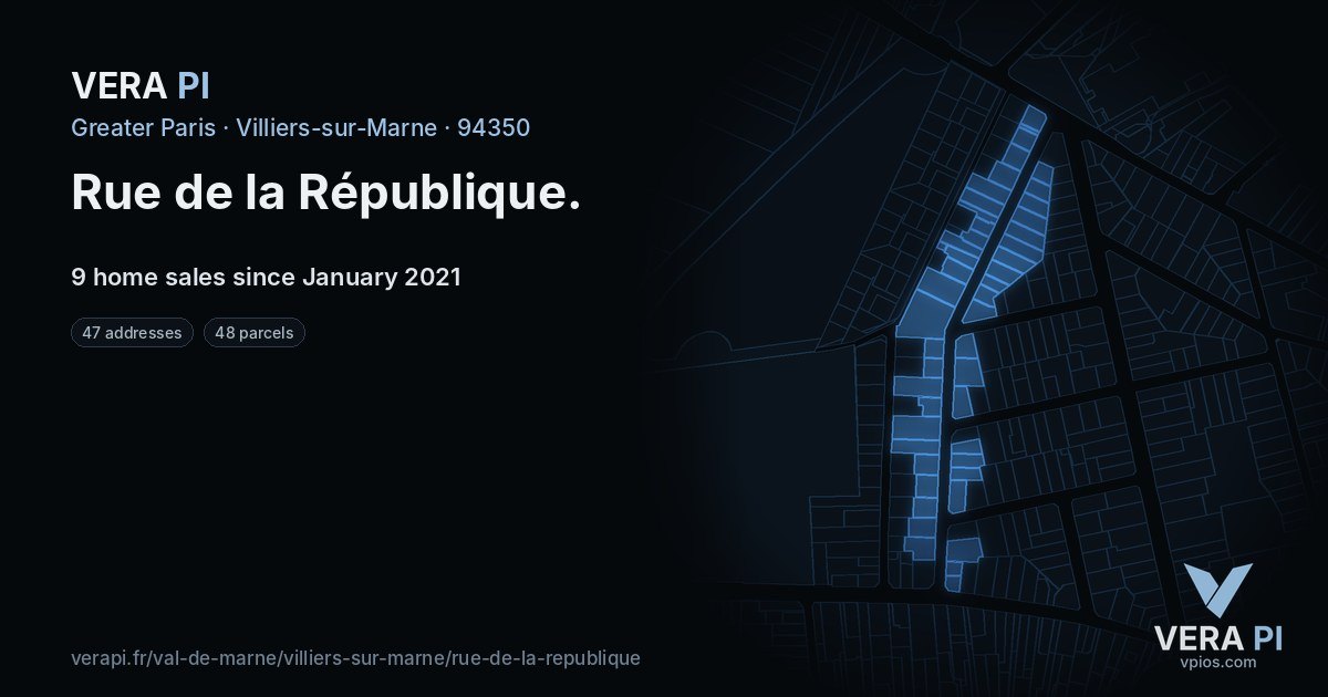 Rue de la République, Villiers-sur-Marne at night – every parcel coloured by the prices around it, the street's own parcels lit