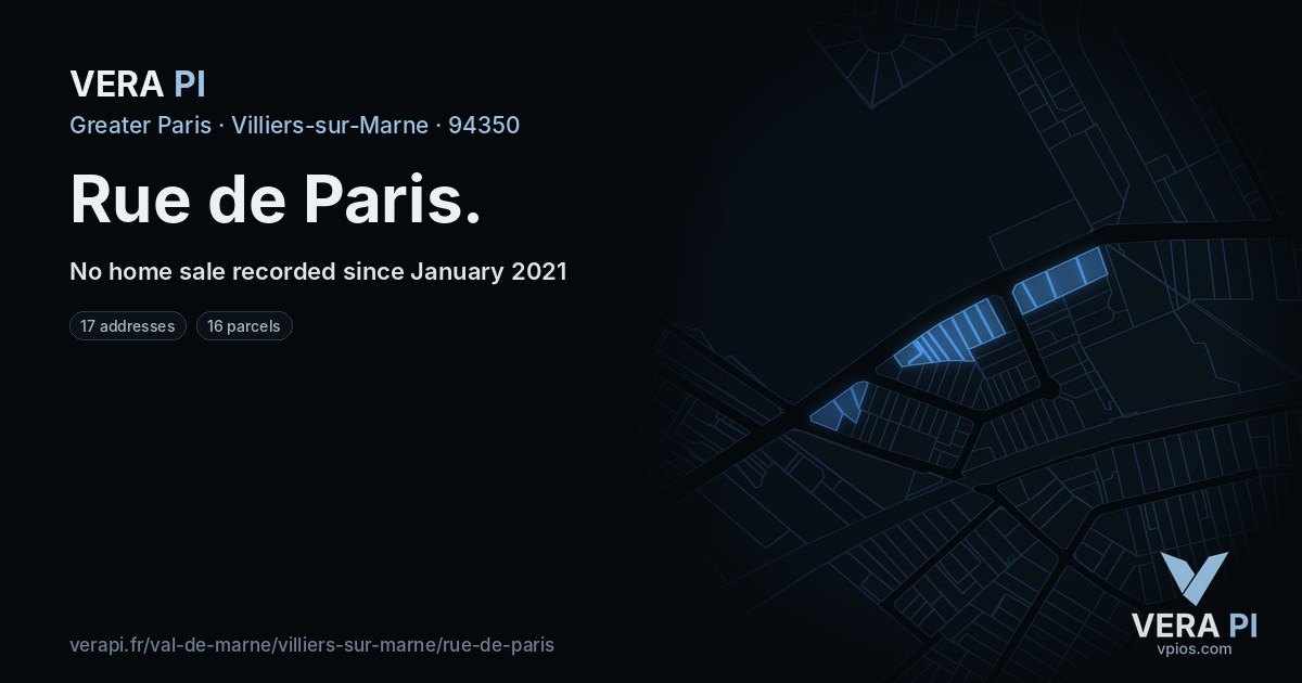 Rue de Paris, Villiers-sur-Marne at night – every parcel coloured by the prices around it, the street's own parcels lit