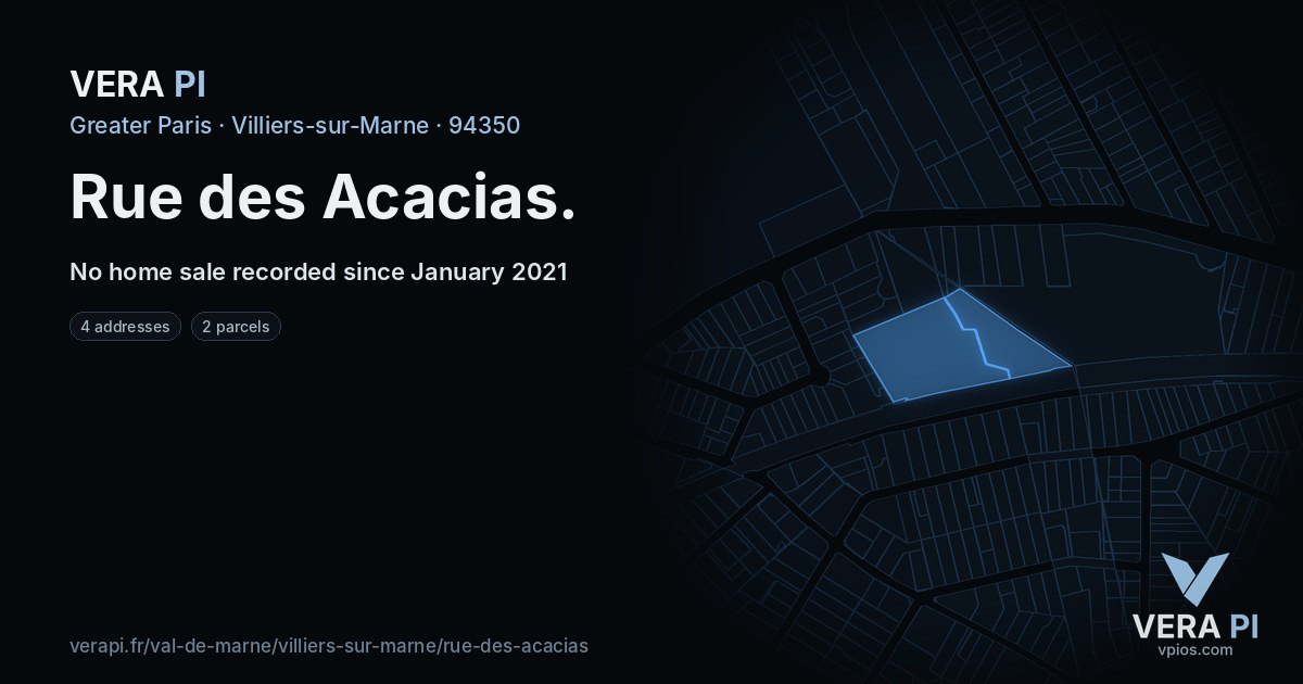 Rue des Acacias, Villiers-sur-Marne at night – every parcel coloured by the prices around it, the street's own parcels lit