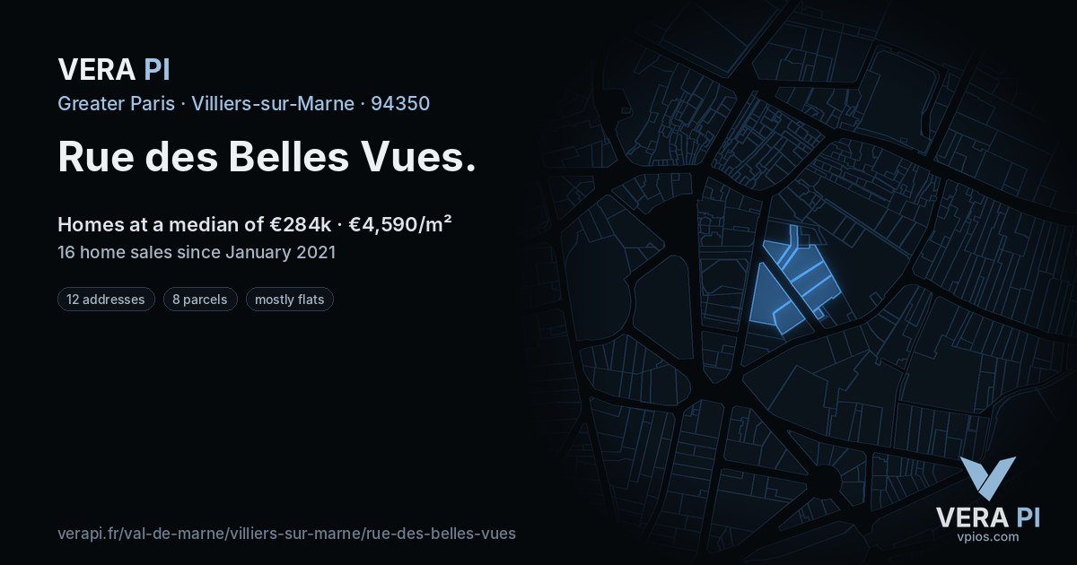 Rue des Belles Vues, Villiers-sur-Marne at night – every parcel coloured by the prices around it, the street's own parcels lit