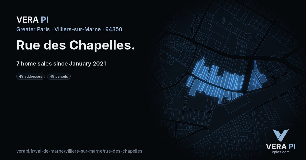 Rue des Chapelles, Villiers-sur-Marne at night – every parcel coloured by the prices around it, the street's own parcels lit
