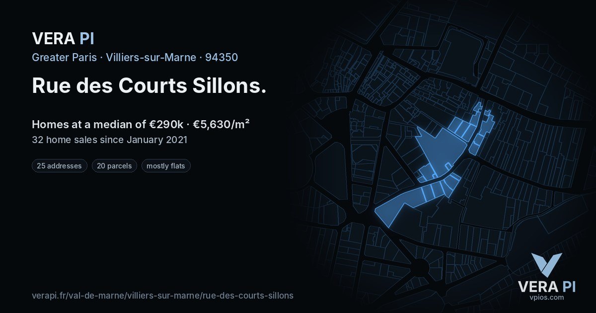 Rue des Courts Sillons, Villiers-sur-Marne at night – every parcel coloured by the prices around it, the street's own parcels lit