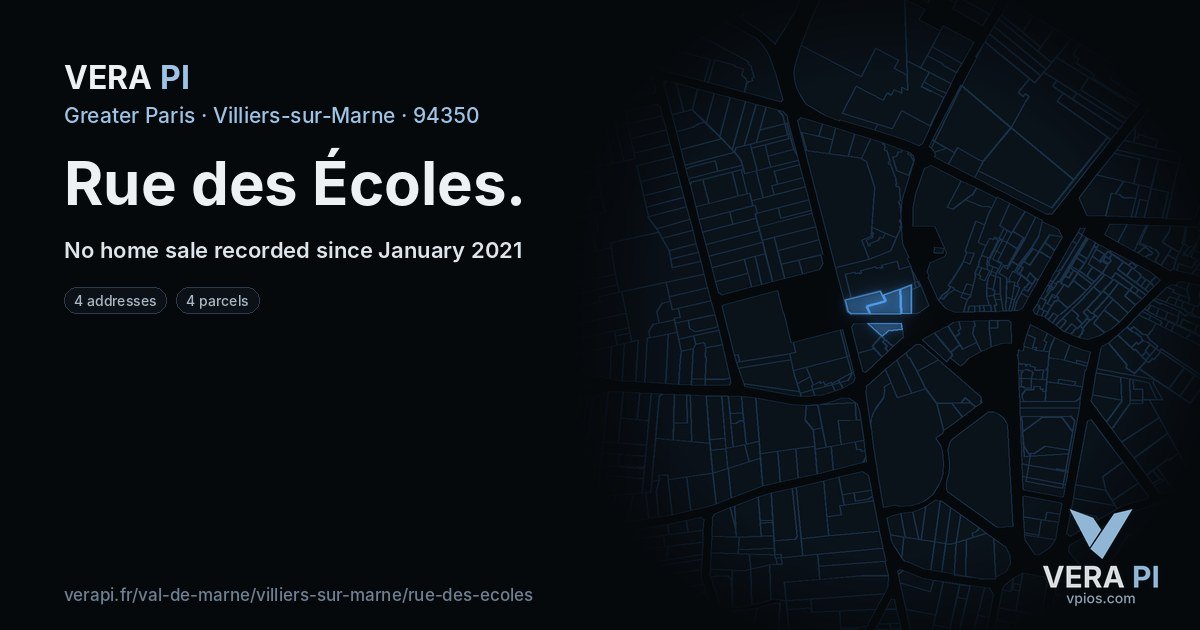 Rue des Écoles, Villiers-sur-Marne at night – every parcel coloured by the prices around it, the street's own parcels lit