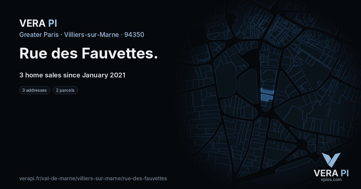 Rue des Fauvettes, Villiers-sur-Marne at night – every parcel coloured by the prices around it, the street's own parcels lit