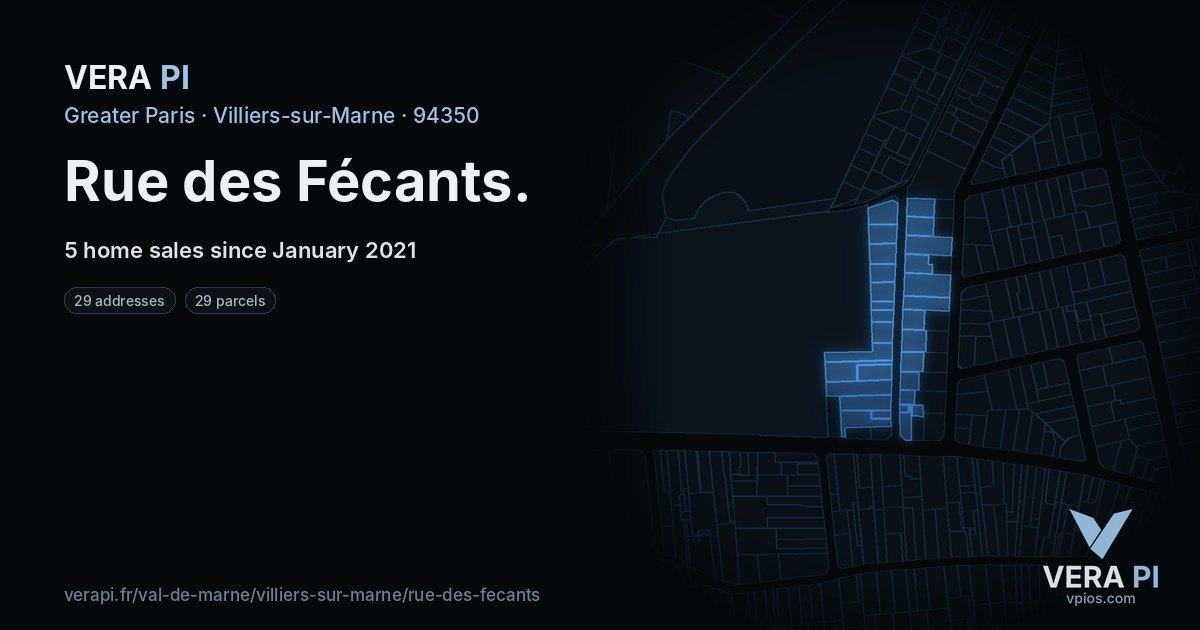 Rue des Fécants, Villiers-sur-Marne at night – every parcel coloured by the prices around it, the street's own parcels lit