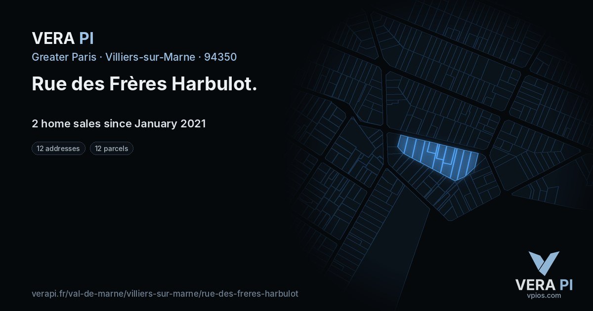 Rue des Frères Harbulot, Villiers-sur-Marne at night – every parcel coloured by the prices around it, the street's own parcels lit