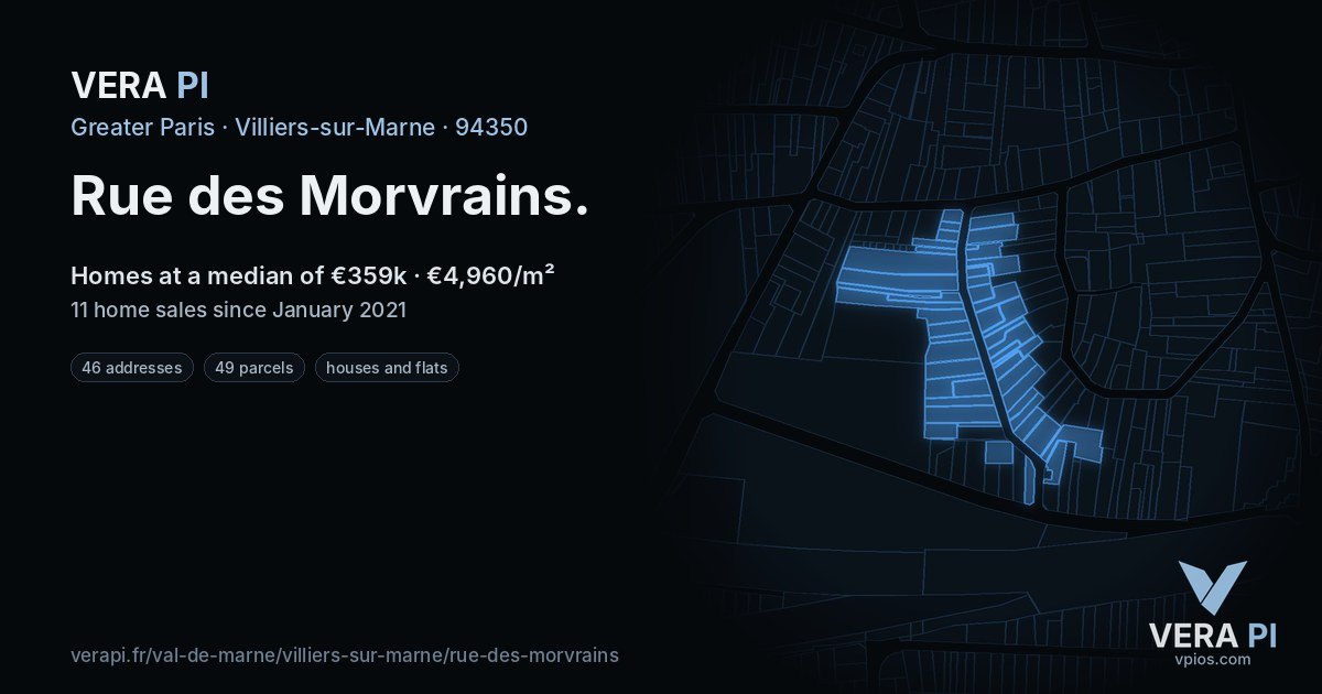 Rue des Morvrains, Villiers-sur-Marne at night – every parcel coloured by the prices around it, the street's own parcels lit