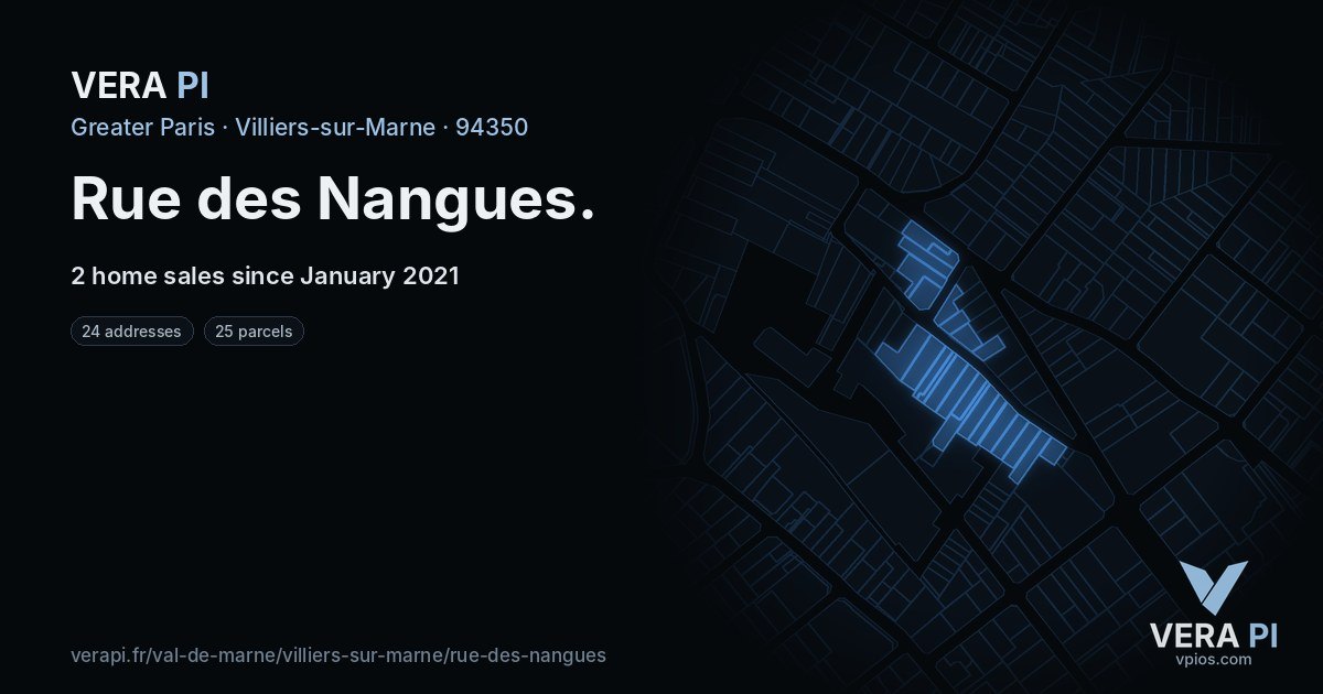 Rue des Nangues, Villiers-sur-Marne at night – every parcel coloured by the prices around it, the street's own parcels lit