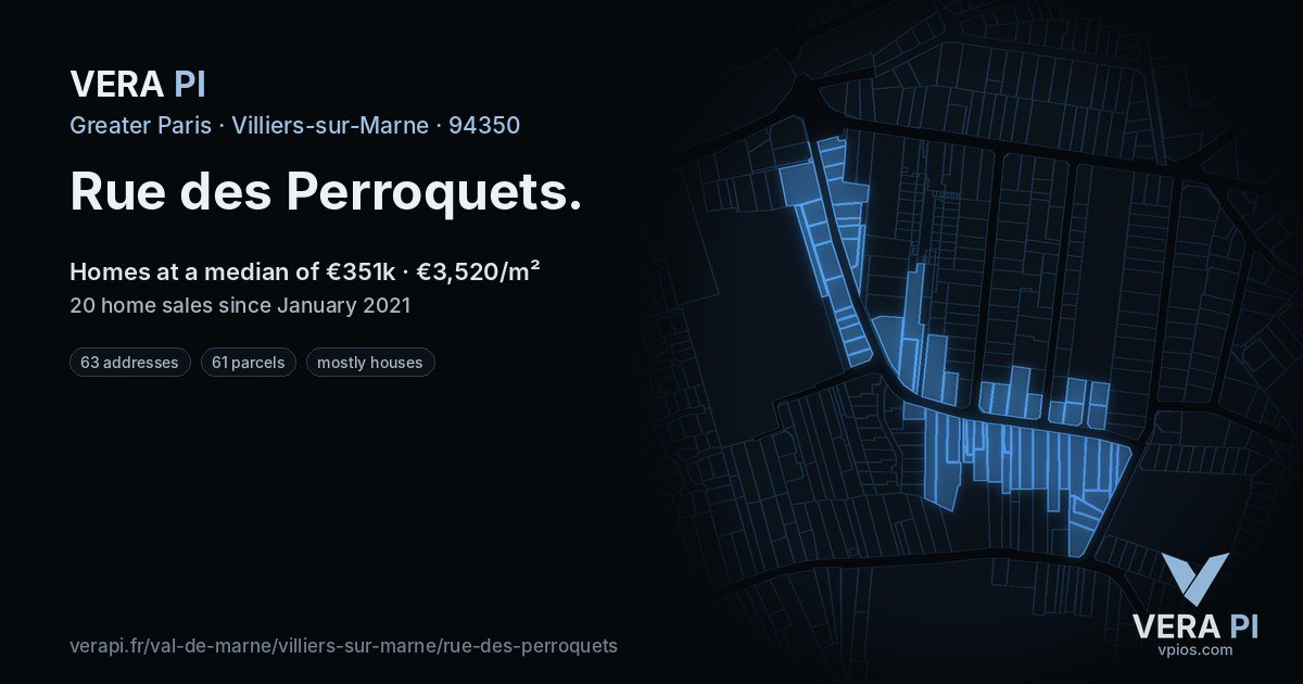 Rue des Perroquets, Villiers-sur-Marne at night – every parcel coloured by the prices around it, the street's own parcels lit