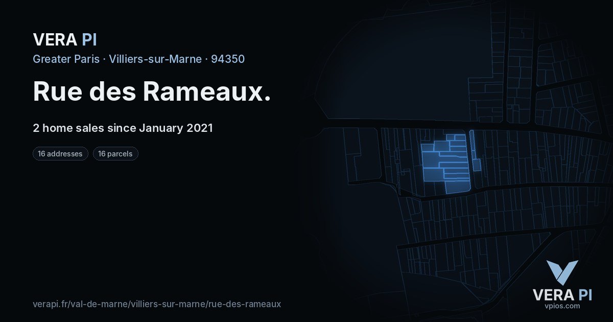 Rue des Rameaux, Villiers-sur-Marne at night – every parcel coloured by the prices around it, the street's own parcels lit