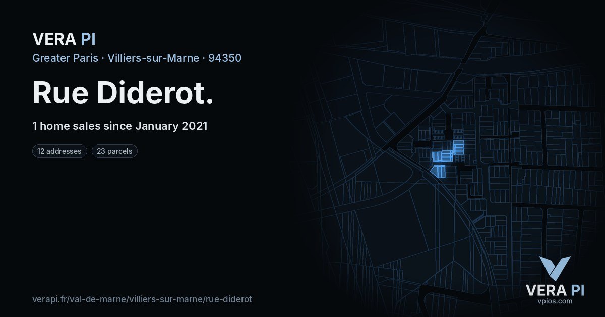 Rue Diderot, Villiers-sur-Marne at night – every parcel coloured by the prices around it, the street's own parcels lit