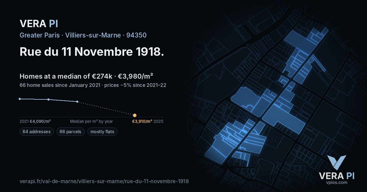 Rue du 11 Novembre 1918, Villiers-sur-Marne at night – every parcel coloured by the prices around it, the street's own parcels lit