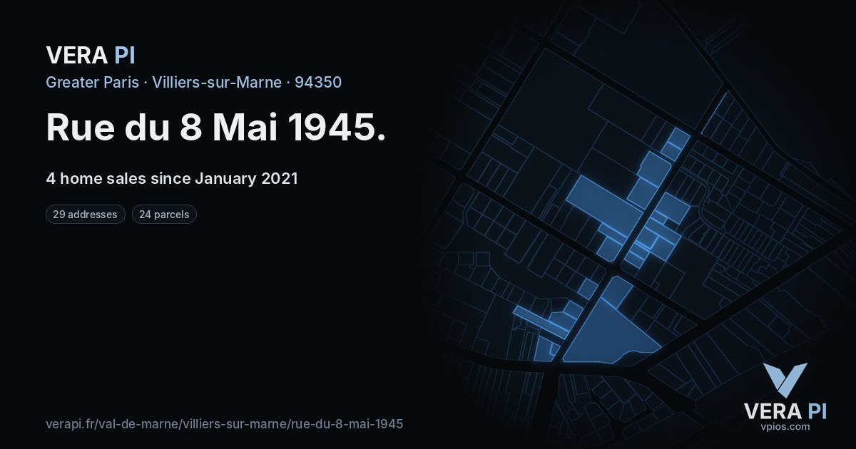 Rue du 8 Mai 1945, Villiers-sur-Marne at night – every parcel coloured by the prices around it, the street's own parcels lit