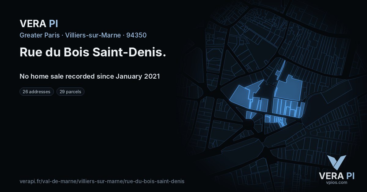 Rue du Bois Saint-Denis, Villiers-sur-Marne at night – every parcel coloured by the prices around it, the street's own parcels lit