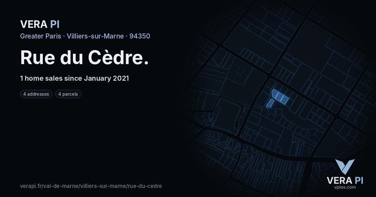 Rue du Cèdre, Villiers-sur-Marne at night – every parcel coloured by the prices around it, the street's own parcels lit