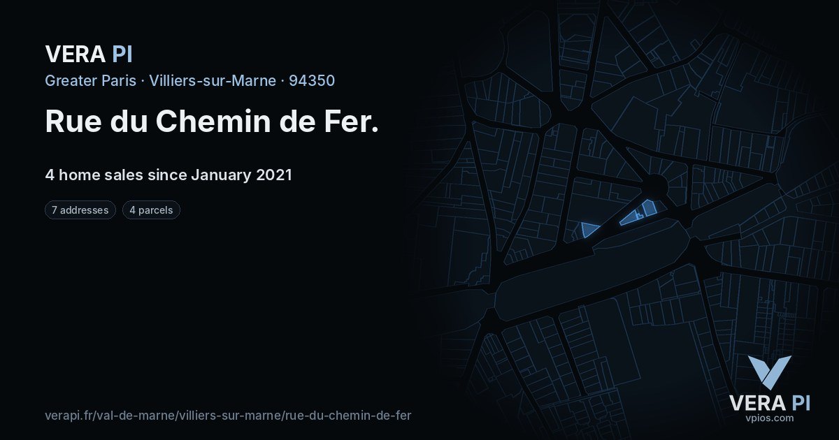 Rue du Chemin de Fer, Villiers-sur-Marne at night – every parcel coloured by the prices around it, the street's own parcels lit