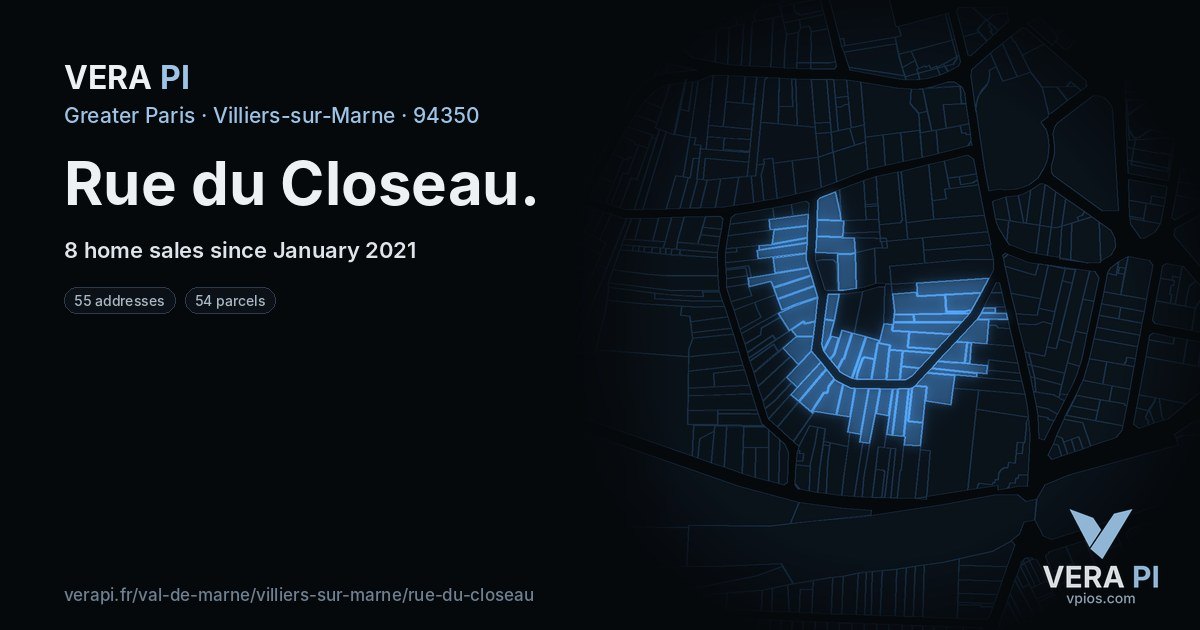 Rue du Closeau, Villiers-sur-Marne at night – every parcel coloured by the prices around it, the street's own parcels lit