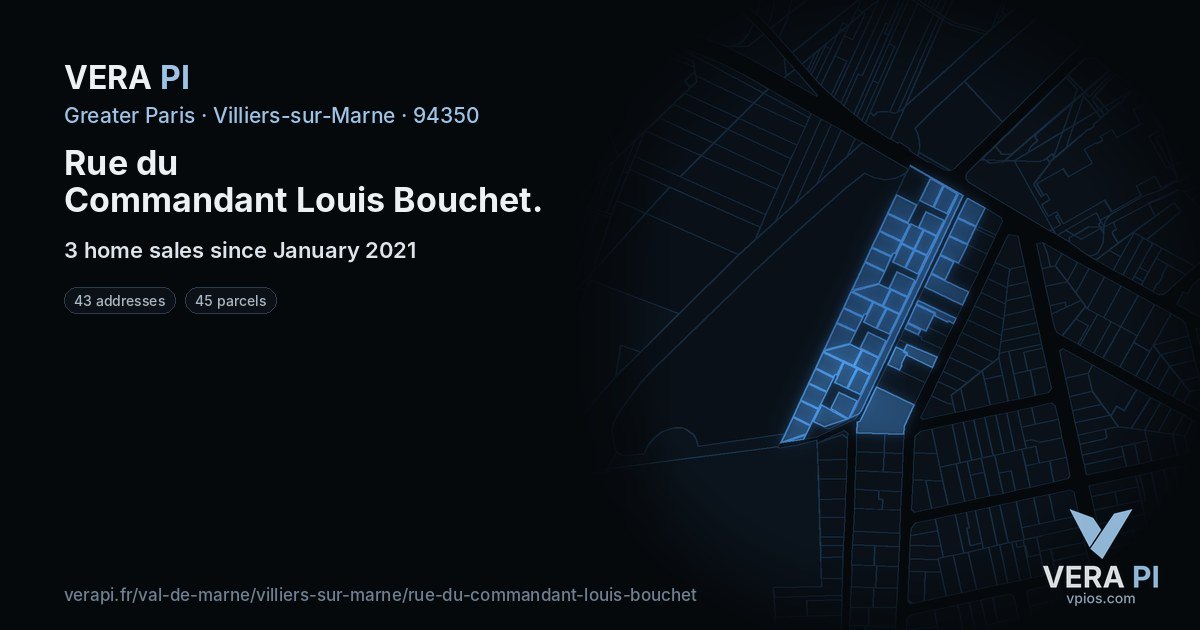 Rue du Commandant Louis Bouchet, Villiers-sur-Marne at night – every parcel coloured by the prices around it, the street's own parcels lit
