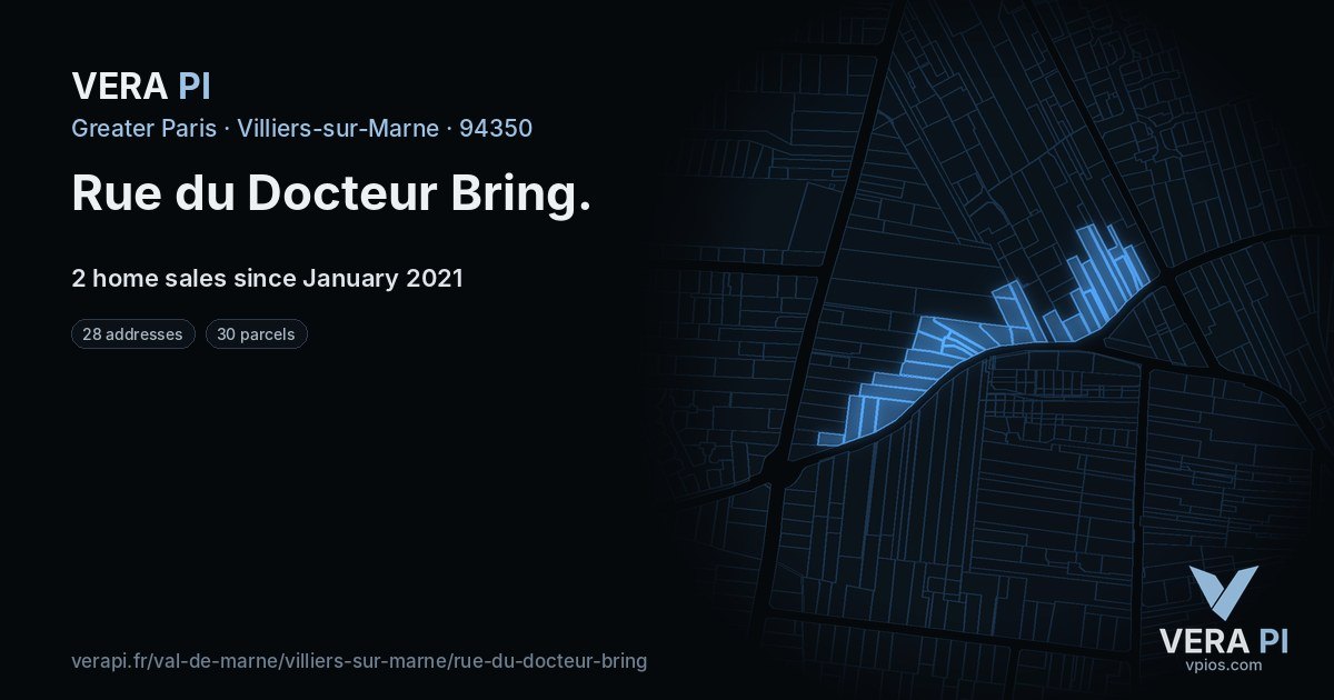 Rue du Docteur Bring, Villiers-sur-Marne at night – every parcel coloured by the prices around it, the street's own parcels lit