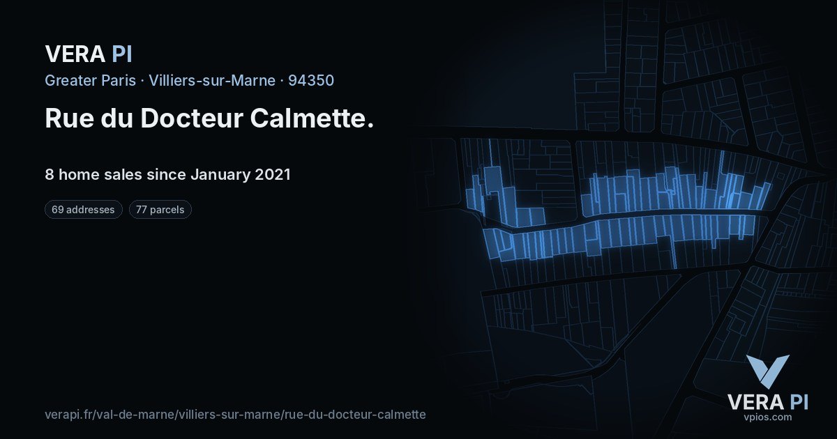 Rue du Docteur Calmette, Villiers-sur-Marne at night – every parcel coloured by the prices around it, the street's own parcels lit