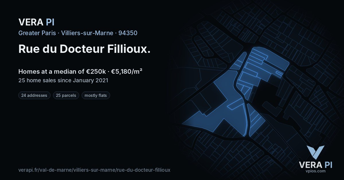 Rue du Docteur Fillioux, Villiers-sur-Marne at night – every parcel coloured by the prices around it, the street's own parcels lit