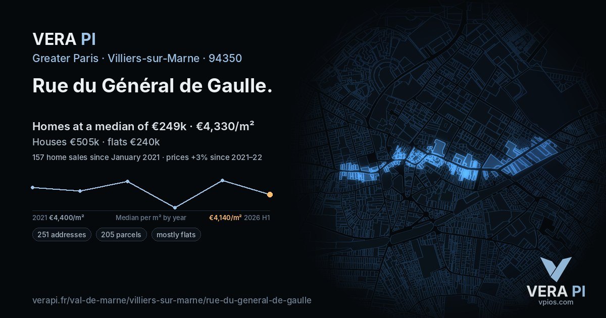Rue du Général de Gaulle, Villiers-sur-Marne at night – every parcel coloured by the prices around it, the street's own parcels lit