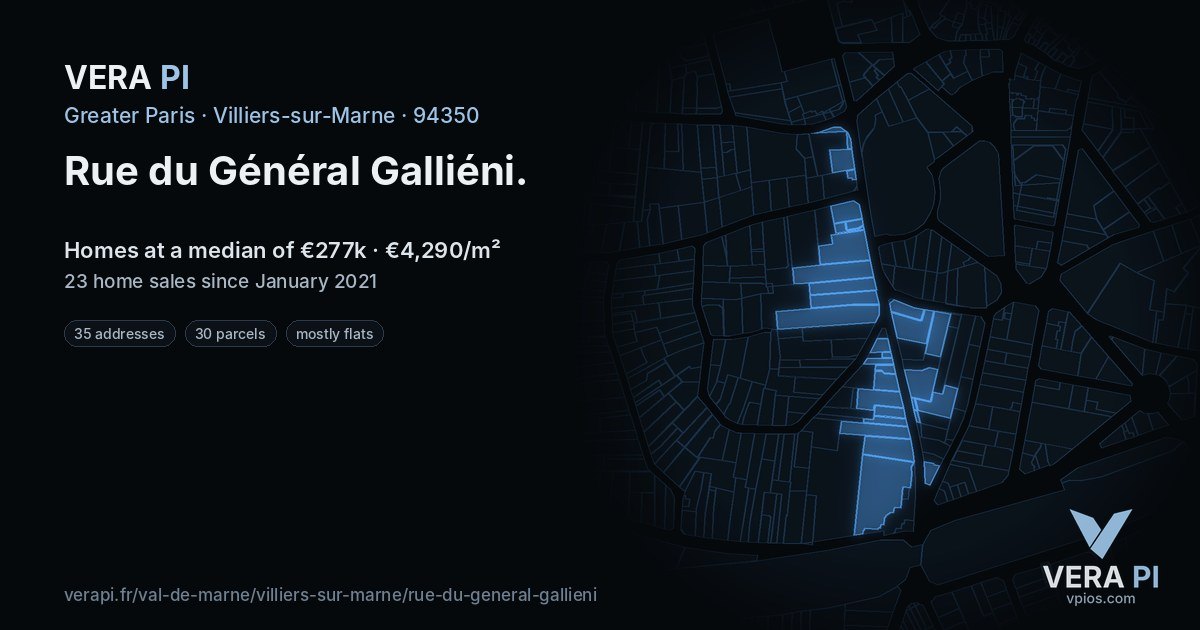 Rue du Général Galliéni, Villiers-sur-Marne at night – every parcel coloured by the prices around it, the street's own parcels lit