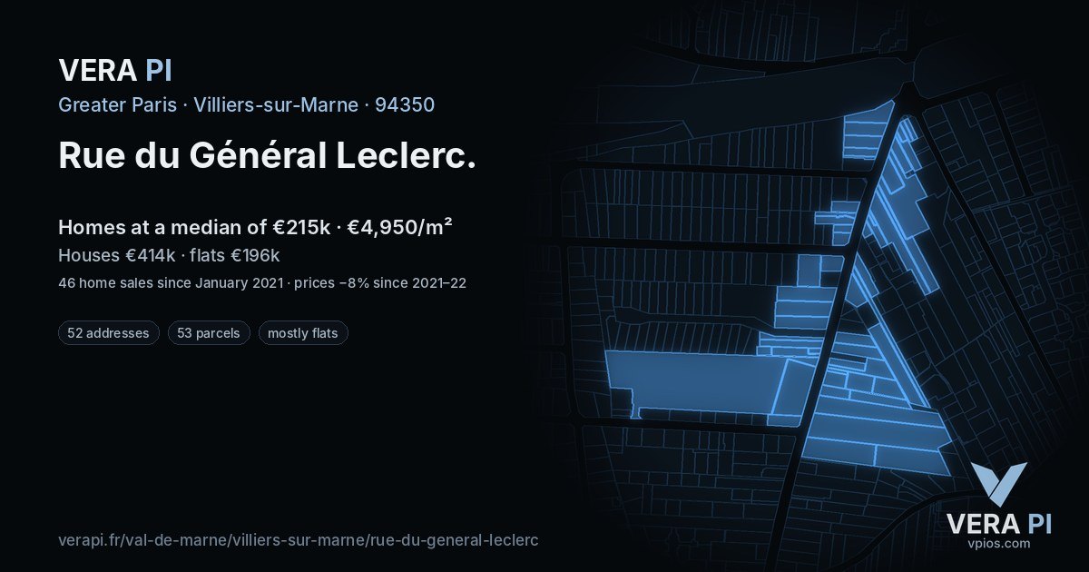 Rue du Général Leclerc, Villiers-sur-Marne at night – every parcel coloured by the prices around it, the street's own parcels lit