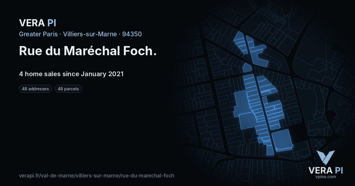 Rue du Maréchal Foch, Villiers-sur-Marne at night – every parcel coloured by the prices around it, the street's own parcels lit
