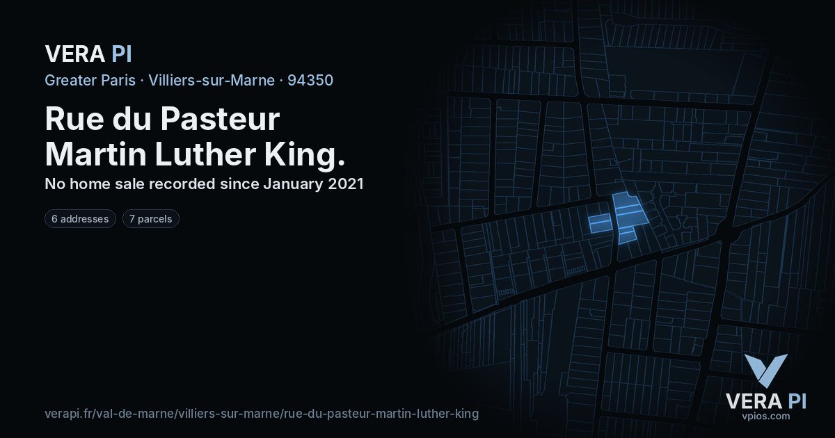 Rue du Pasteur Martin Luther King, Villiers-sur-Marne at night – every parcel coloured by the prices around it, the street's own parcels lit