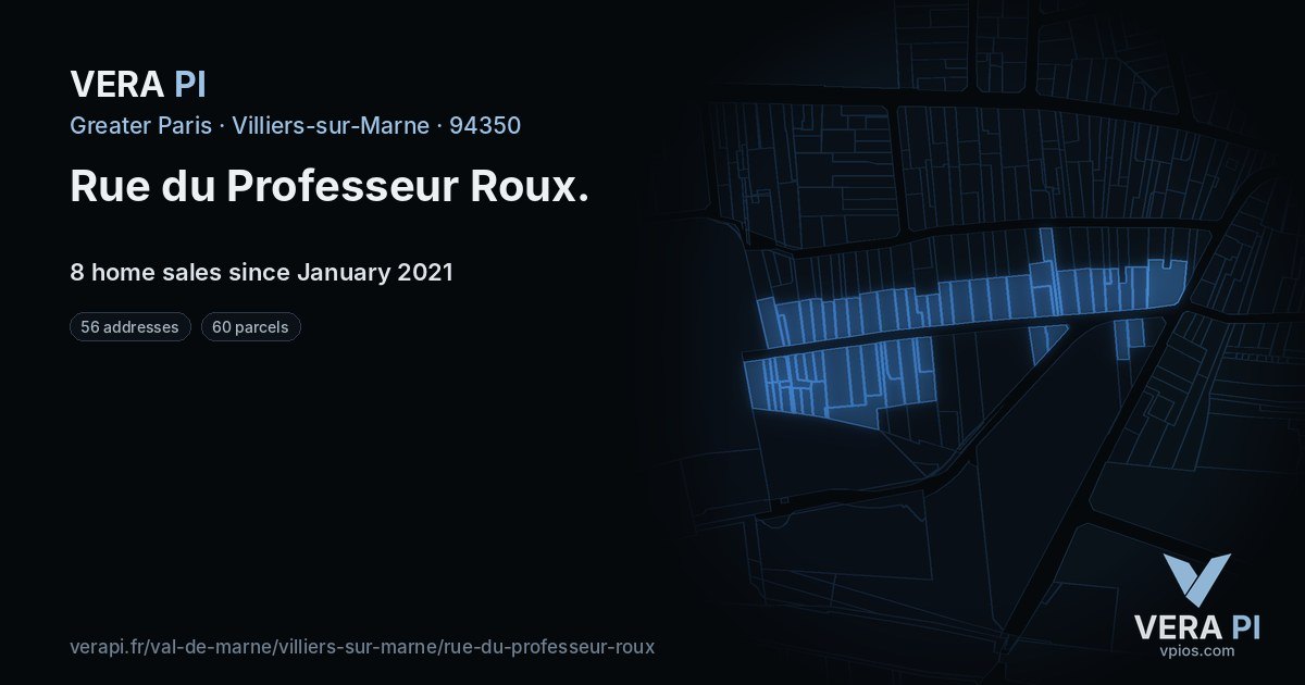 Rue du Professeur Roux, Villiers-sur-Marne at night – every parcel coloured by the prices around it, the street's own parcels lit