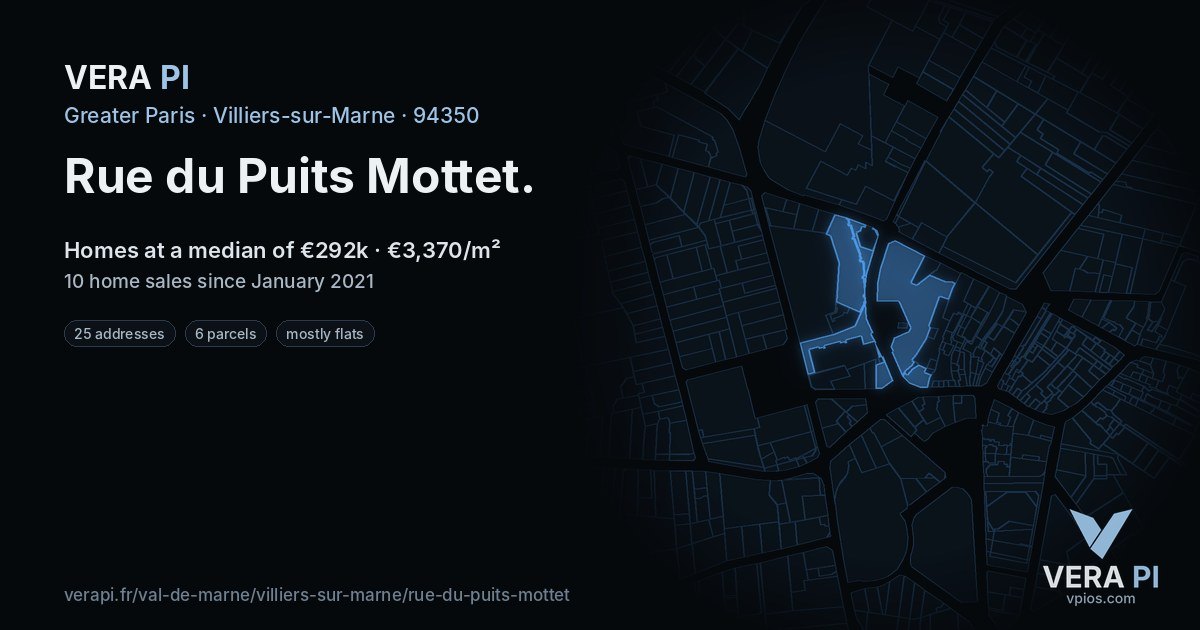 Rue du Puits Mottet, Villiers-sur-Marne at night – every parcel coloured by the prices around it, the street's own parcels lit