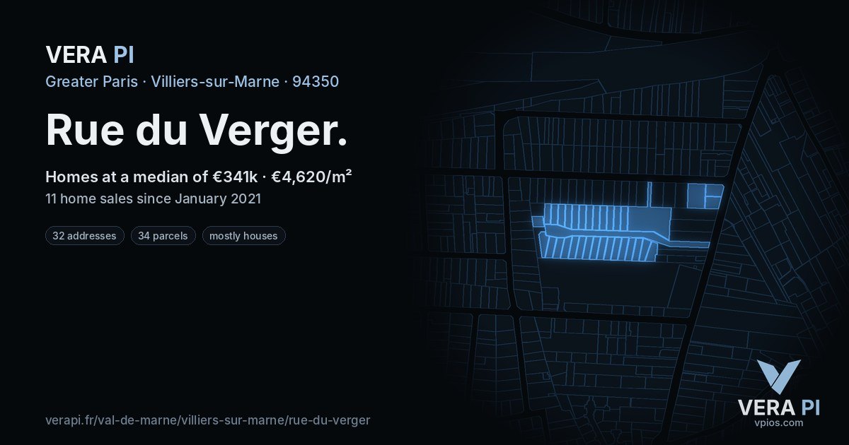 Rue du Verger, Villiers-sur-Marne at night – every parcel coloured by the prices around it, the street's own parcels lit
