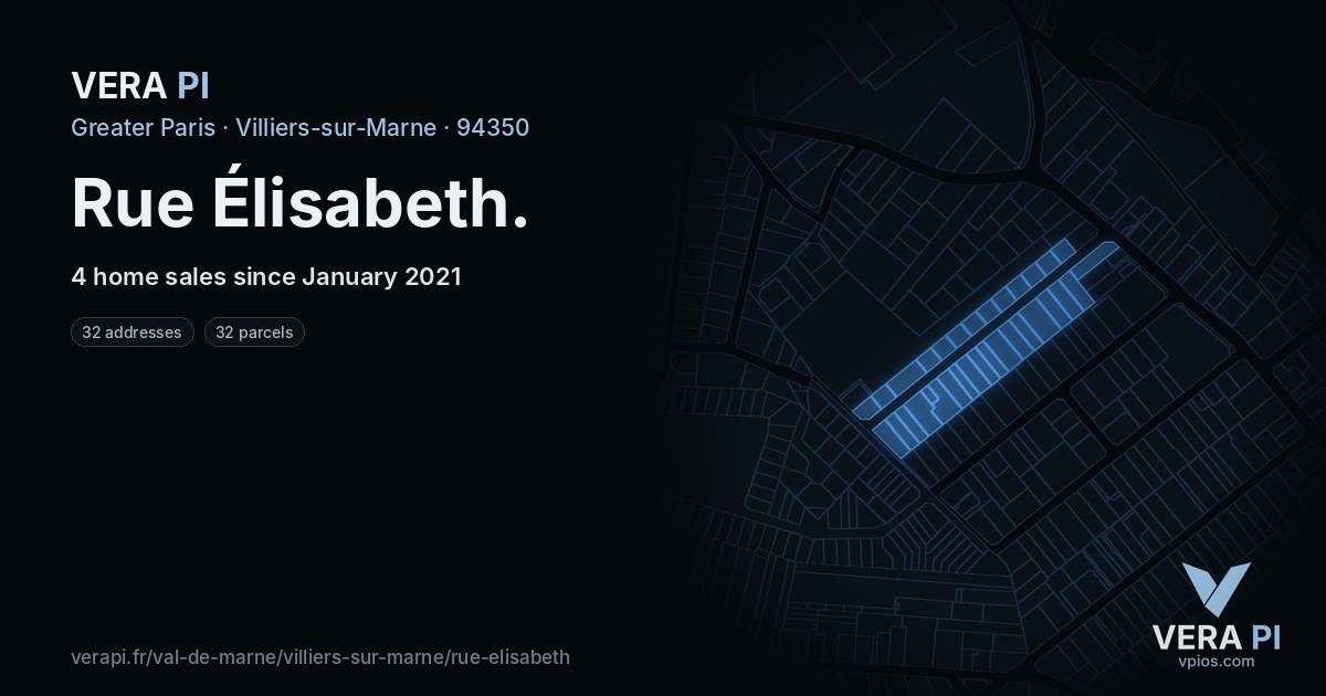 Rue Élisabeth, Villiers-sur-Marne at night – every parcel coloured by the prices around it, the street's own parcels lit