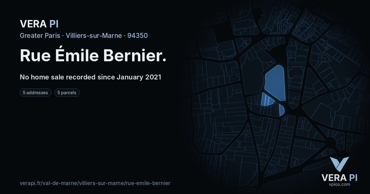 Rue Émile Bernier, Villiers-sur-Marne at night – every parcel coloured by the prices around it, the street's own parcels lit