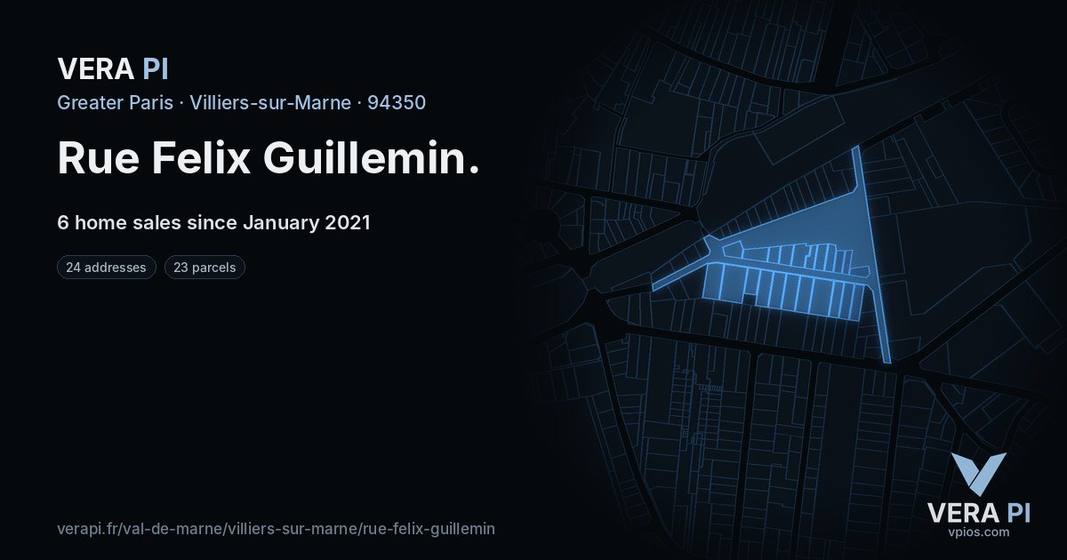 Rue Felix Guillemin, Villiers-sur-Marne at night – every parcel coloured by the prices around it, the street's own parcels lit
