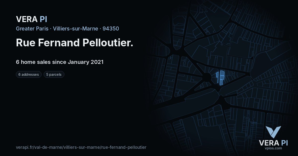 Rue Fernand Pelloutier, Villiers-sur-Marne at night – every parcel coloured by the prices around it, the street's own parcels lit