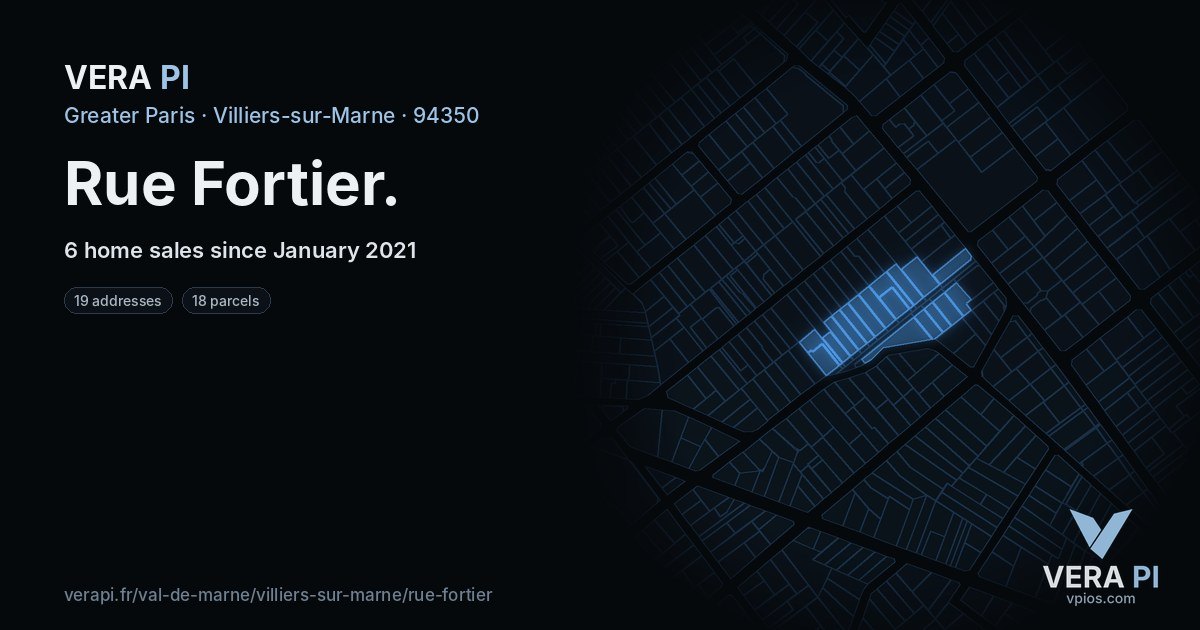 Rue Fortier, Villiers-sur-Marne at night – every parcel coloured by the prices around it, the street's own parcels lit
