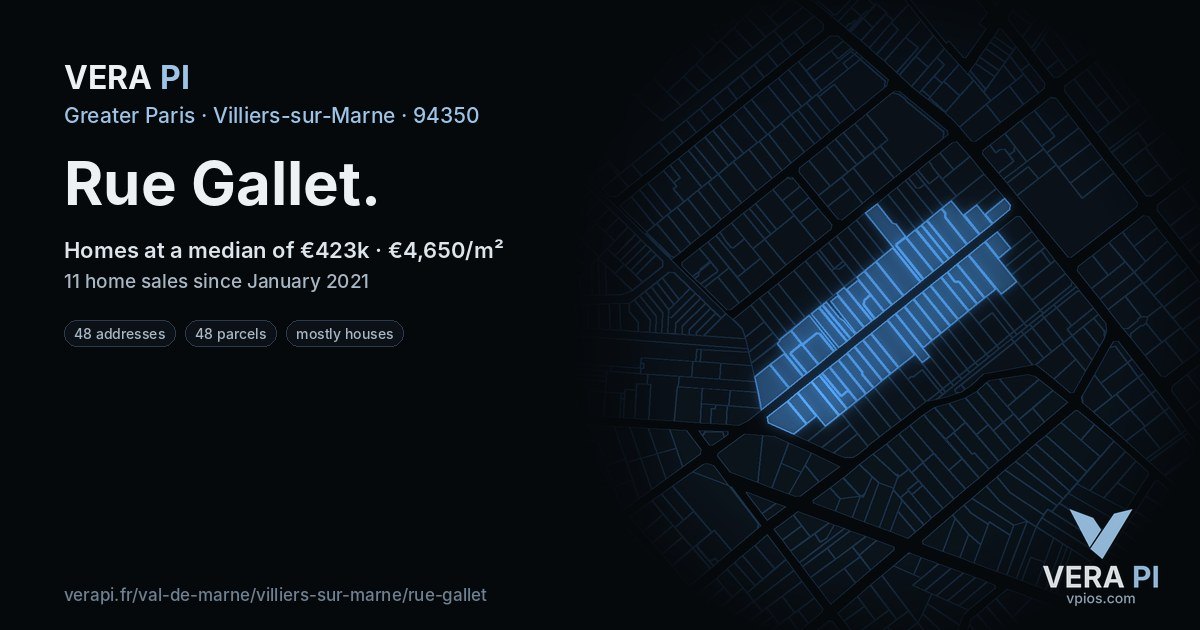 Rue Gallet, Villiers-sur-Marne at night – every parcel coloured by the prices around it, the street's own parcels lit