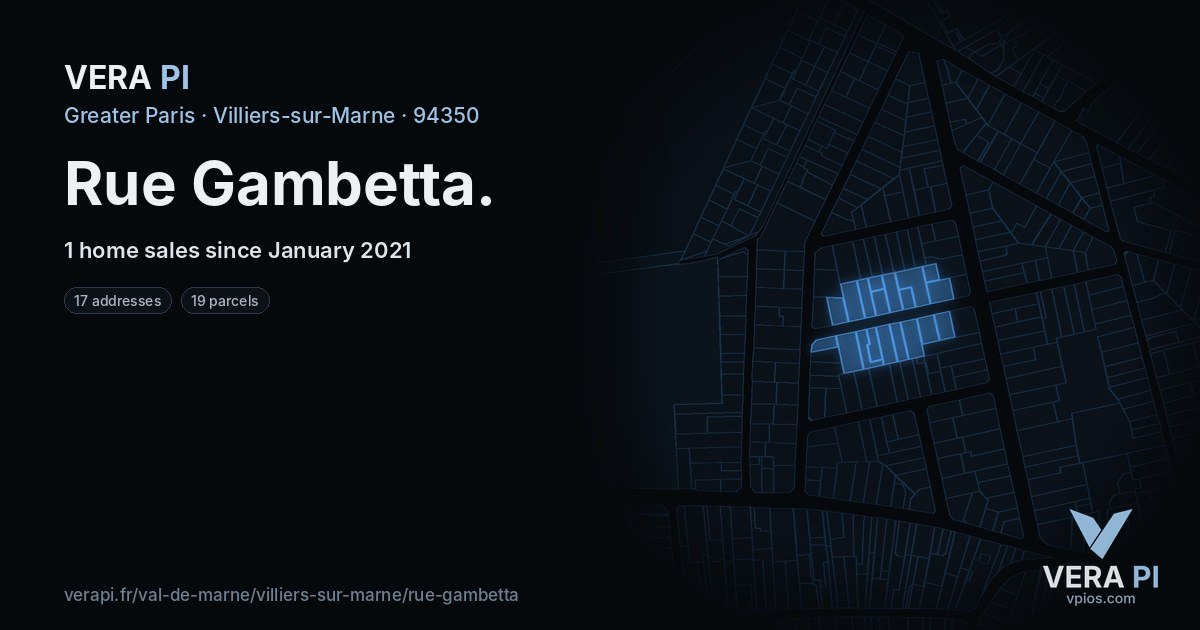 Rue Gambetta, Villiers-sur-Marne at night – every parcel coloured by the prices around it, the street's own parcels lit